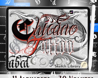 Puede incluir: Una ilustración digital de un paquete de letras para usar en arte digital. El paquete incluye 11 alfabetos y 70 volutas. La imagen muestra una muestra de la letra en negro y rojo sobre un fondo gris. El texto "Chicano Tattoo" se muestra en el centro de la imagen. El texto "11 Alphabets + 70 Volutes Lettering Pack - Vol. 3" se muestra en la parte inferior de la imagen.