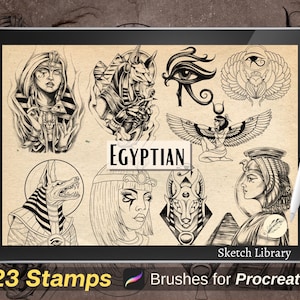 23 Egyptian Mythology -  Brushes for Procreate, pyramid, egyptian mythpology, Annubis, Cleopatra, Orus, Pharaoh