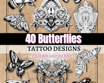 Butterfly Tattoo Designs Coloring Book: 40 Mandala, Old School, and Realistic Butterfly Designs - 76 Pages for Tattoo Artists