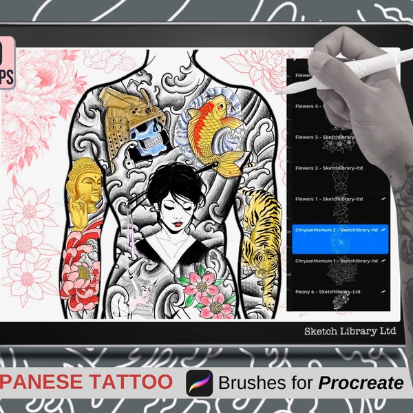 Japanese Tattoo Creator // Brushset for Procreate, Japanese tattoo flash stamp,  procreate stamp, professional tattoo stencil