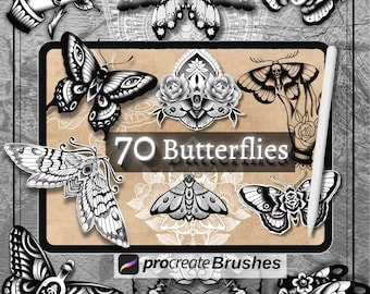 70 Butterfly Tattoo Brushes for Procreate, tattoo Stamps, for iPad & iPad Pro, old school, mandala style, Stencil, apprentice, flash tattoo