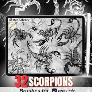 Puede incluir: Ilustración digital con 32 pinceles de escorpiones para Procreate. La imagen muestra diversas ilustraciones de escorpiones en blanco y negro, junto con una tableta y un lápiz. El texto "32 Scorpions" es visible.