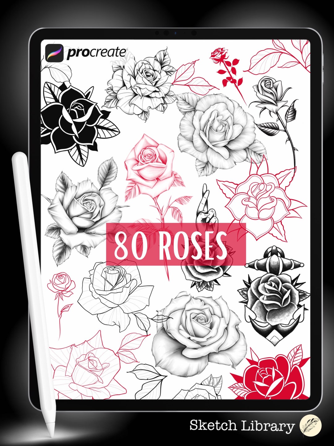80 Roses Brush Pack and 32 Leaves Brushes Stamps for Procreate, Tattoo ...