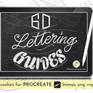 May include: A digital tablet displays "6D Lettering Guides" in white chalk-style lettering on a black background. A white stylus rests on the right. The image includes lettering guides and the text "Brushes for PROCREATE".