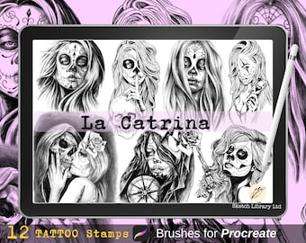 12 La Catrina Tattoo Vol.1 - Brushes for Procreate - stamps, stencil ipad & ipad pro