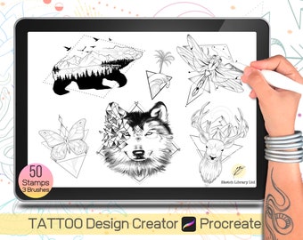 TATTOO Design Creator for Procreate - 50 SELOS animais, formas geométricas, estêncil de tatuagem, uso comercial, ferramenta de criação, carimbo procreate