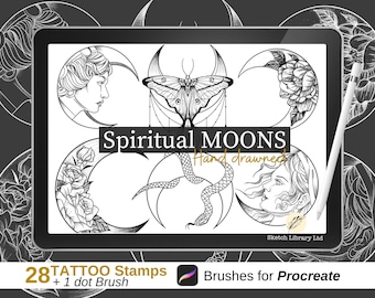 Spiritual moons stamps to procreate! 28 Tattoo stamps Brushes, procreate stamp on ipad