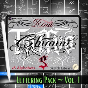 Lettering Pack vol.1, 208 letras / Paquete de 8 alfabetos chicanos, fuentes / Letras de tatuaje para Procreate, sellos procreate Ipadpro y Ipad