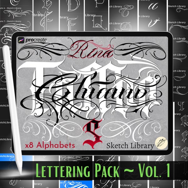 Lettering Pack vol.1, 208 Buchstaben / 8 Chicano Alphabets Pack, Schriftarten / Tattoo Letters für Procreate, procreate Stempel Ipadpro und Ipad