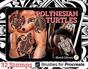 32 Polynesian Turtle Tattoo Brushes for Procreate, Tattoo Stamps for iPad and iPad Pro, Outline & Shading Versions,Traditional Polynesian