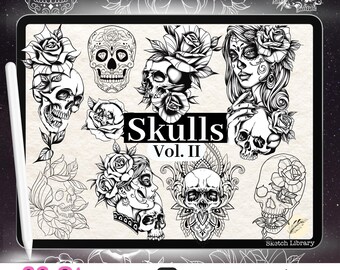 33 Skulls Tattoo Stamps vol.2 // Brushes for Procreate, mexican skull, flashtattoo,sugar skull, skeleton brushset, on Ipad & Ipadpro,stencil