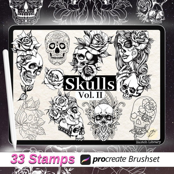 33 Skulls Tattoo Stamps vol.2 // Brushes for Procreate, mexican skull, flashtattoo,sugar skull, skeleton brushset, on Ipad & Ipadpro,stencil