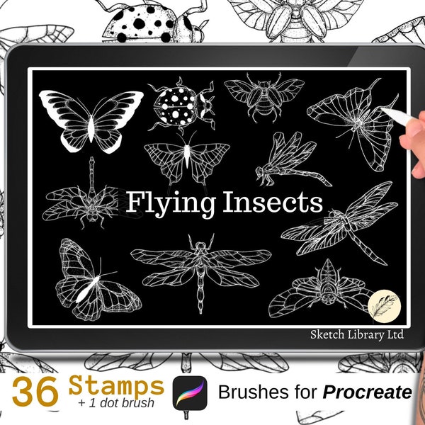 Flying insects stamps to procreate! 36 Brushes for Procreate, tattoo design,  stencil, ipad,  commercial licence