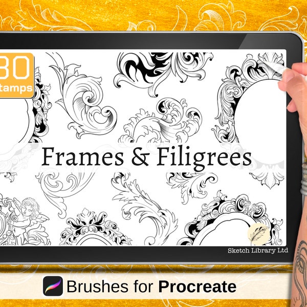 Conjunto de tatuajes Frames & Filigrees // 30 pinceles para Procreate, iPad, plantilla de tatuaje, conjunto de pinceles, diseño de tatuaje, sello procreate