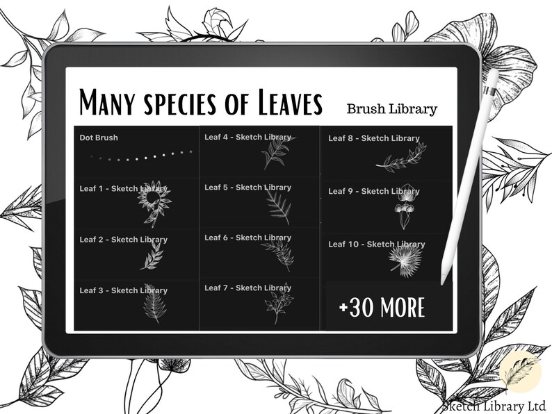 May include: A tablet screen displaying a digital art brush library for leaves. The screen shows a variety of leaf shapes and the text "MANY SPECIES OF LEAVES" and "Brush Library".