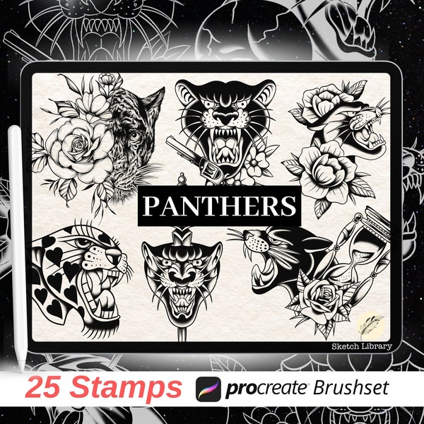 25 pinceaux de tatouage Panther pour Procreate // timbres de tatouage, avec version contour pour pochoir de tatouage, old school, tribal, ipad et ipad pro