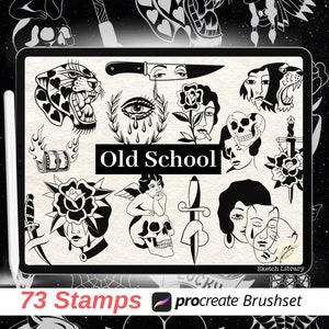 73 Old school tattoo brushes for Procreate // tattoo stamps, stencil, panther, rose, skull, woman&#39;s face, knife, for ipad and ipad pro