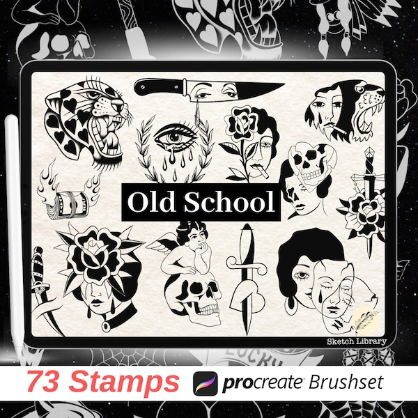 73 Old school tattoo brushes for Procreate // tattoo stamps, stencil, panther, rose, skull, woman's face, knife, for ipad and ipad pro