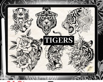 24 Tigers tattoo brushes for Procreate // tattoo stamps, with outline version for tattoo stencil, old school, tribal, ipad and ipad pro