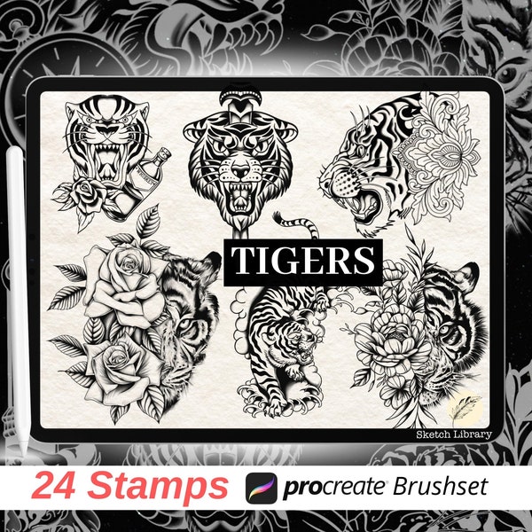 24 Tigers tattoo brushes for Procreate // tattoo stamps, with outline version for tattoo stencil, old school, tribal, ipad and ipad pro