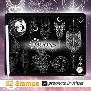 Peut inclure: Une illustration numérique de 62 tampons sur le thème de la lune à utiliser avec l'application Procreate. Les tampons présentent différentes phases de la lune, des fleurs, des papillons, des loups et des motifs géométriques. Le texte "Moons" et "62 Stamps" est visible sur l'image.
