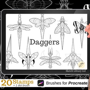 May include: A digital tablet screen displaying 20 black and white line art illustrations of daggers with dragonfly and moth wings. The text "Daggers" is displayed in the center of the screen. The text "20 Stamps + 1 dot brush" is displayed at the bottom of the screen. The text "Brushes for Procreate" is displayed at the bottom of the screen. The text "Sketch Library Ltd" is displayed at the bottom right of the screen.
