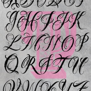 May include: A black and white alphabet with a decorative, cursive font. Each letter is stylized with flourishes and swirls.