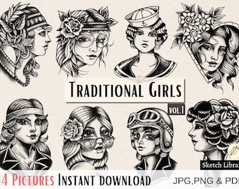 14 Traditional Girls, coloring book, digi stamps, vintage pictures,  tattoo design