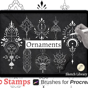 Op de afbeelding: Een digitale illustratie van meer dan 80 witte lijnversieringen op een zwarte achtergrond. De tekst "Ornaments" staat in het midden van de afbeelding. De tekst "Sketch Library" staat in de rechterbenedenhoek van de afbeelding. De tekst "+80 Stamps" staat in de linkerbenedenhoek van de afbeelding. De tekst "Brushes for Procreate" staat in het midden onderaan de afbeelding.