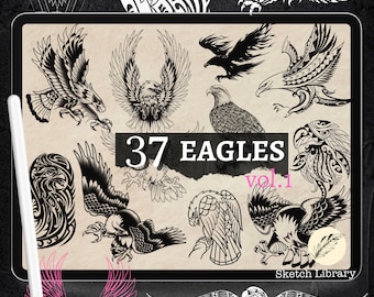 May include: A digital illustration set of 37 eagle designs in black and white. The set includes various styles of eagles, including tribal, geometric, and realistic. The text "37 EAGLES vol.1" is displayed on the image. The image is for use with the Procreate app.