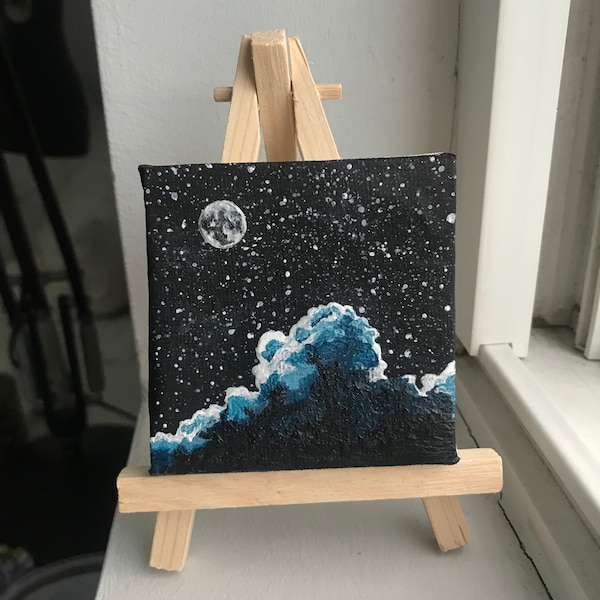 Tiny Painting - night sky, clouds and moon, hand painted on miniature canvas and easel