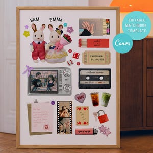 Könnte beinhalten: Eine gerahmte Collage mit verschiedenen dekorativen Elementen. Sie zeigt zwei Hasenfiguren, einen Vintage-Fernseher, eine Kassette, Spielkarten und einen Ticketabschnitt. Die Collage enthält die Namen "Sam" und "Emma" sowie den Text "Editable Matchbook Template" und "Canva".