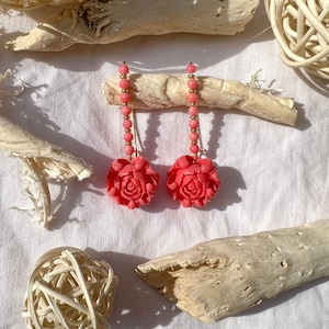 Pink natural coral  earrings with pendant  pink peony synthetic coral, boho jewelry, gift for woman, gift for mother, gift for girlfriend