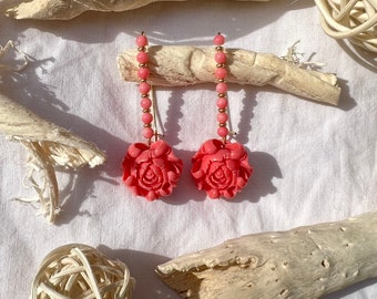 Pink natural coral  earrings with pendant  pink peony synthetic coral, boho jewelry, gift for woman, gift for mother, gift for girlfriend