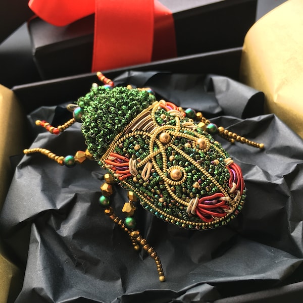 Embroidered  beetle pin  brooch handmade with pearls, gold embroidered jewelry, insect brooch, unique gift for her, gift for woman