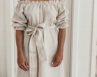 Amelia on/off shoulder linen puff sleeves maxi dress