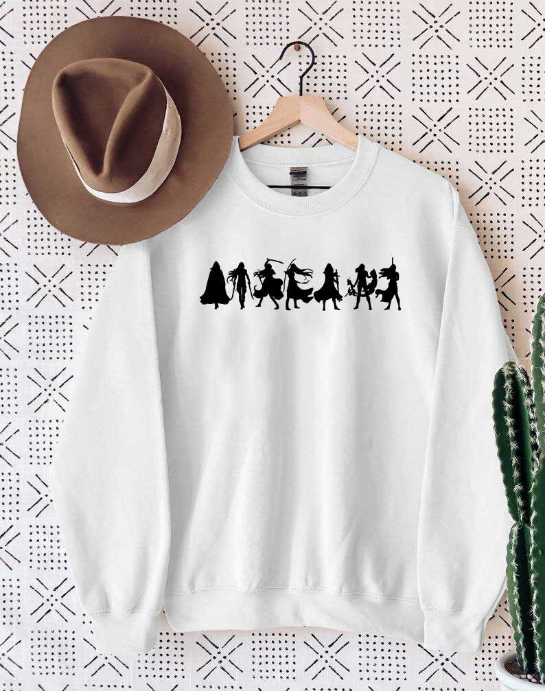 May include: White sweatshirt with a black silhouette of a group of people in various poses. The silhouette is centered on the sweatshirt.