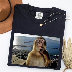 Peut inclure: Un t-shirt bleu marine avec une photo d'un singe sur un fond panoramique. Le t-shirt porte une étiquette Comfort Colors et un collier en or. Un chapeau marron et une feuille de palmier séchée sont également dans l'image.