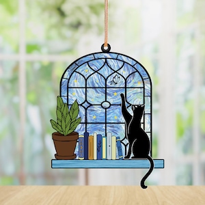 Black Cat And Book Ornament Suncatcher Window Hanging, Book Window Decor, Book Lover Gift, Book Stain Glass, Indoor Decor, Librarian Gift