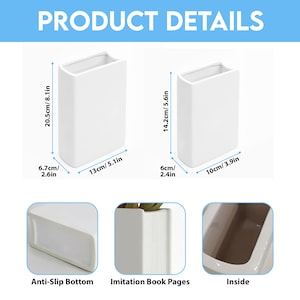 May include: Two white rectangular vases with dimensions displayed in inches and centimeters. The larger vase is 8.1 inches tall and 5.1 inches wide. The smaller vase is 5.6 inches tall and 3.9 inches wide. The image also shows details like the anti-slip bottom and imitation book pages.