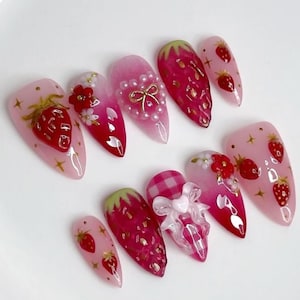 3D Strawberry Press On Nails, Pink Gingham Nails with Bow, Kawaii Pearl Nail Art, Glitter Summer Nails, Cute Handmade Long Set