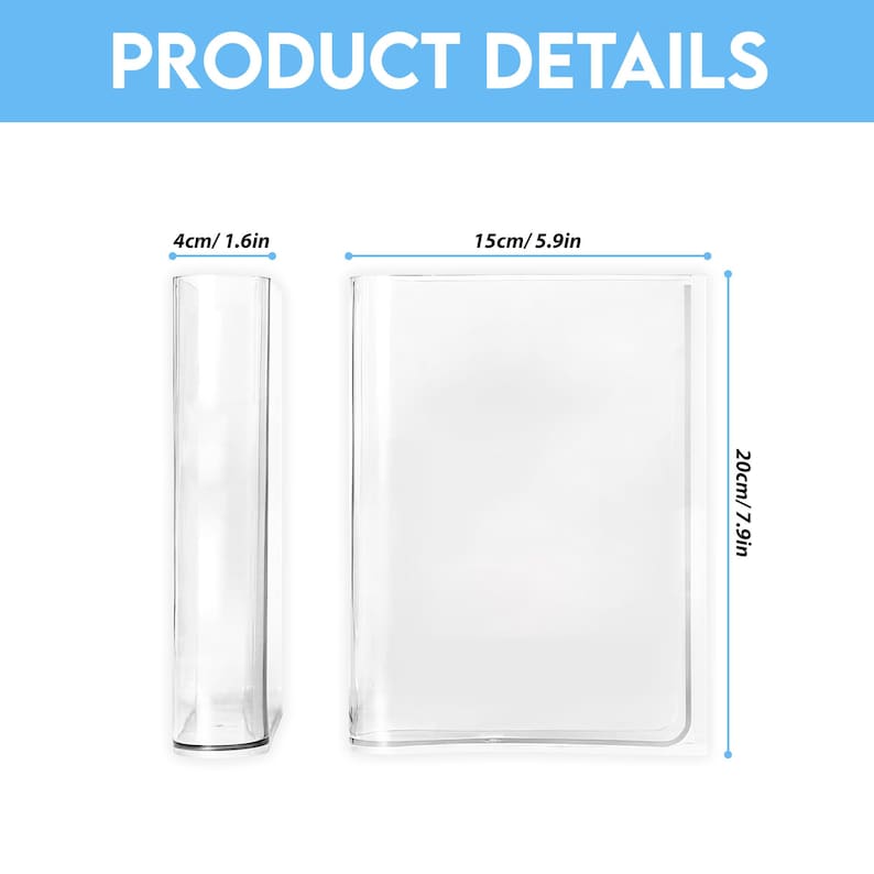May include: Clear glass vase and rectangular container. The vase is 1.6 inches wide and the container is 5.9 inches wide and 7.9 inches tall. The text "PRODUCT DETAILS" is at the top of the image.