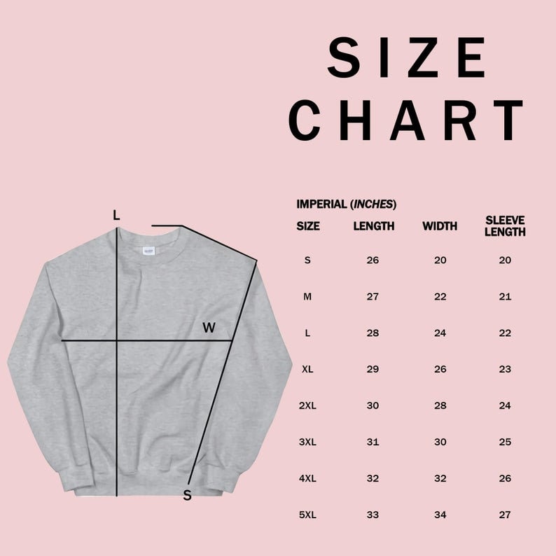 May include: Size chart for a sweatshirt in imperial inches. The chart shows the size, length, width, and sleeve length for sizes S through 5XL.