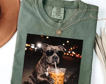 Pitbull Dog Drinking Iced Coffee With Sunglasses Shirt