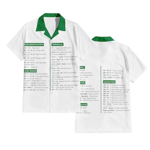Peut inclure: Chemise blanche avec col et bordures verts, affichant des formules et instructions de navigation Excel. Le dos de la chemise présente également des commandes Excel. Un vêtement distinctif pour les passionnés d'Excel.
