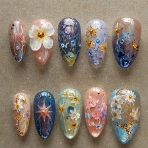 Serect Garden Long Almond Press On Nail, Trending 3d Flower Design Nail Art,Fake/Flase Nail for Birthday Holiday,Beach Vibes Nails