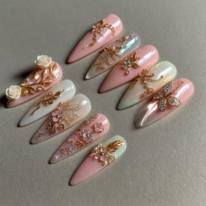 3D Luxury Secret Garden Long Almond Flowers Press On Nails, Inspired Fairy Tale Press On Nail, Birthday Holiday Nails Art, Gifts for Her
