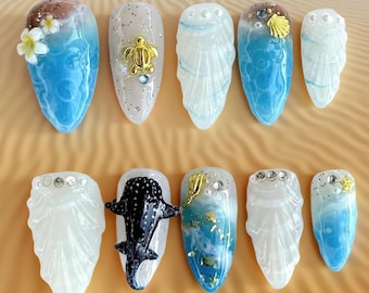 Ocean Theme Press On Nails with Turtle And Whale  Beach Vacation Nails