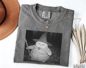Wizard Cat Cute Fat Cat in Witch Hat Holding Magic Wand T Shirt