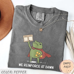 May include: A pepper-colored t-shirt featuring a graphic of a green frog wearing a red cape and holding a sign that reads FIRST THEN, along with a cluster of yellow stars. The text WE REINFORCE AT DAWN is printed below the frog illustration.
